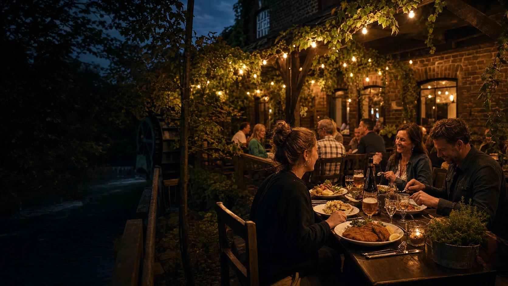 Gemütlicher Biergarten am Abend