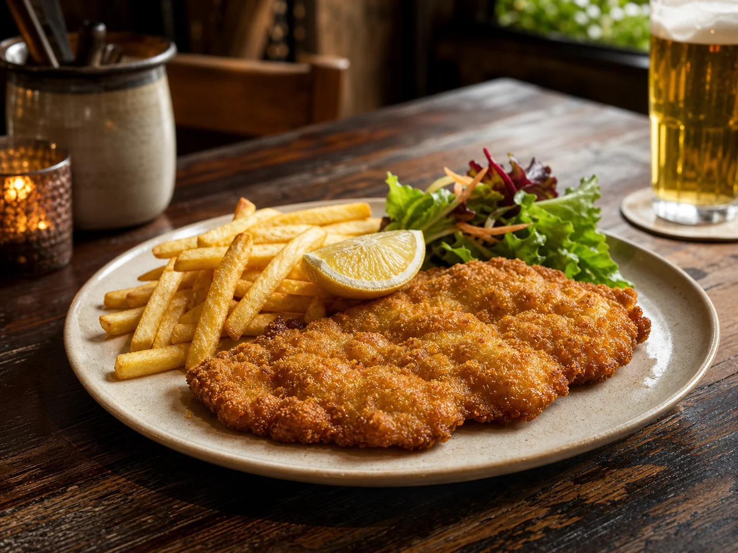 Goldbraunes Schnitzel mit Pommes und Salat